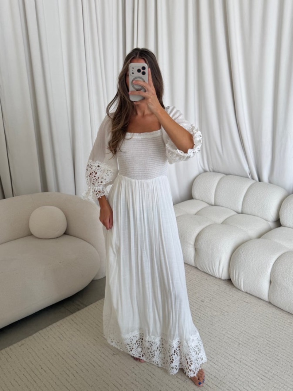 Women's White Smocked Maxi Dress with Crochet Trim NWT!